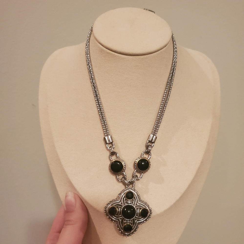 Silver Tone Pendant Necklace with Black Accents